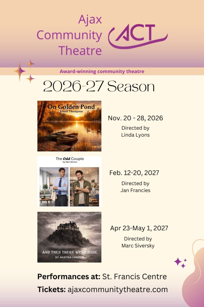 Poster for Ajax Community Theatre's 2026-27 Season.
